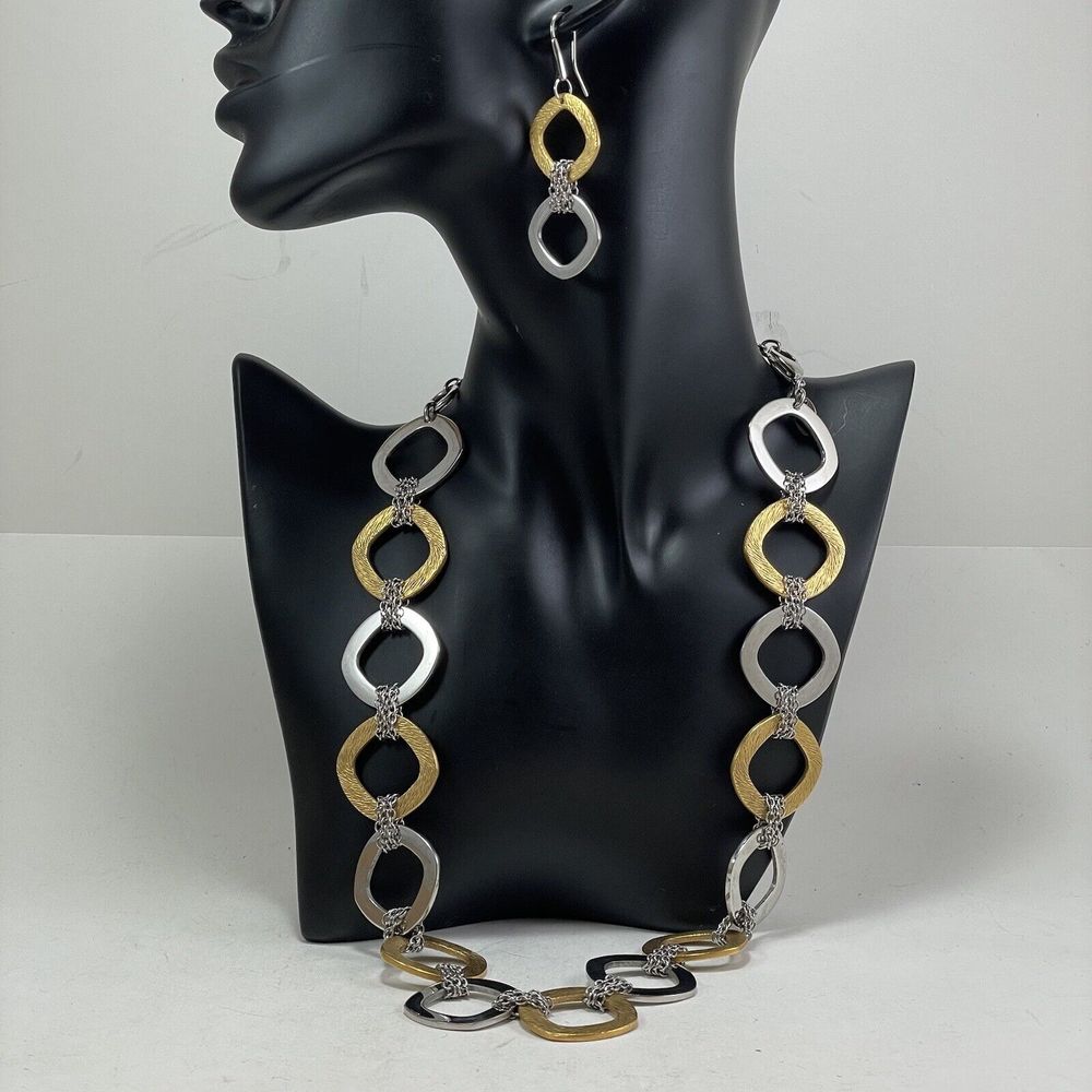 QVC Steel By Design Two Tone 28” Necklace & 8” Bracelet Earrings Rounded Square - Picture 13 of 16
